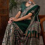 Most Stunning Dark Green Ajrakh Printed Semi Modal Silk Saree With Opulent Blouse Piece