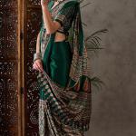 Most Stunning Dark Green Ajrakh Printed Semi Modal Silk Saree With Opulent Blouse Piece