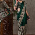 Most Stunning Dark Green Ajrakh Printed Semi Modal Silk Saree With Opulent Blouse Piece