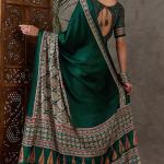 Most Stunning Dark Green Ajrakh Printed Semi Modal Silk Saree With Opulent Blouse Piece