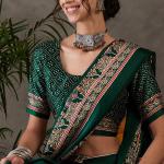 Most Stunning Dark Green Ajrakh Printed Semi Modal Silk Saree With Opulent Blouse Piece