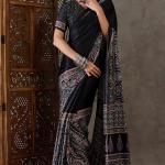 Prettiest Black Ajrakh Printed Semi Modal Silk Saree With Allure Blouse Piece