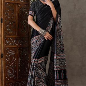 Prettiest Black Ajrakh Printed Semi Modal Silk Saree With Allure Blouse Piece