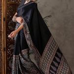 Prettiest Black Ajrakh Printed Semi Modal Silk Saree With Allure Blouse Piece