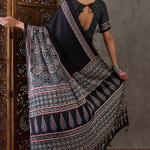 Prettiest Black Ajrakh Printed Semi Modal Silk Saree With Allure Blouse Piece