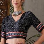 Prettiest Black Ajrakh Printed Semi Modal Silk Saree With Allure Blouse Piece