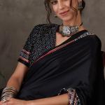 Prettiest Black Ajrakh Printed Semi Modal Silk Saree With Allure Blouse Piece