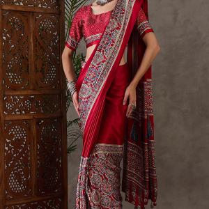 Enchanting Maroon Ajrakh Printed Semi Modal Silk Saree With Lassitude Blouse Piece