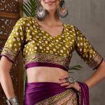 Supernal Purple Ajrakh Printed Semi Modal Silk Saree With Resplendent Blouse Piece