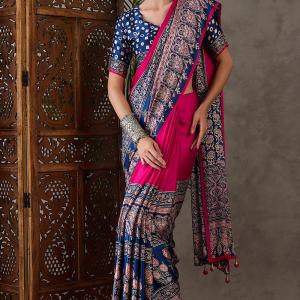 Murmurous Dark Pink Ajrakh Printed Semi Modal Silk Saree With Ephemeral Blouse Piece