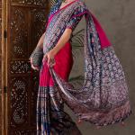 Murmurous Dark Pink Ajrakh Printed Semi Modal Silk Saree With Ephemeral Blouse Piece