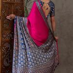 Murmurous Dark Pink Ajrakh Printed Semi Modal Silk Saree With Ephemeral Blouse Piece