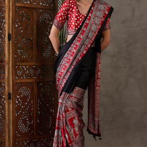 Ravishing Black Ajrakh Printed Semi Modal Silk Saree With Excellent Blouse Piece