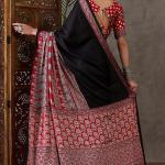 Ravishing Black Ajrakh Printed Semi Modal Silk Saree With Excellent Blouse Piece