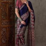 Exceptional Navy Blue Ajrakh Printed Semi Modal Silk Saree With Flameboyant Blouse Piece