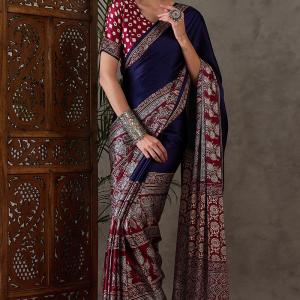 Exceptional Navy Blue Ajrakh Printed Semi Modal Silk Saree With Flameboyant Blouse Piece