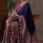 Exceptional Navy Blue Ajrakh Printed Semi Modal Silk Saree With Flameboyant Blouse Piece