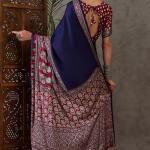 Exceptional Navy Blue Ajrakh Printed Semi Modal Silk Saree With Flameboyant Blouse Piece