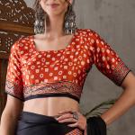 Enticing Black Ajrakh Printed Semi Modal Silk Saree With Winsome Blouse Piece