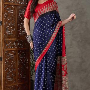 Wonderful Navy Blue Ajrakh Printed Semi Modal Silk Saree With Captivating Blouse Piece