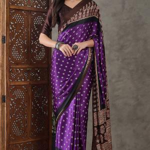 Rhapsody Royal Purple Ajrakh Printed Semi Modal Silk Saree With Proficient Blouse Piece