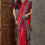 Eloquence Red Ajrakh Printed Semi Modal Silk Saree With Groovy Blouse Piece