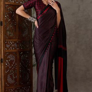 Diaphanous Black Ajrakh Printed Semi Modal Silk Saree With Majestic Blouse Piece