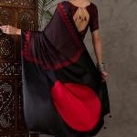 Diaphanous Black Ajrakh Printed Semi Modal Silk Saree With Majestic Blouse Piece