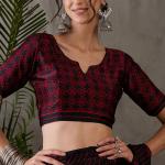 Diaphanous Black Ajrakh Printed Semi Modal Silk Saree With Majestic Blouse Piece