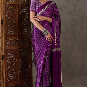 Ineffable Purple Ajrakh Printed Semi Modal Silk Saree With Splendorous Blouse Piece