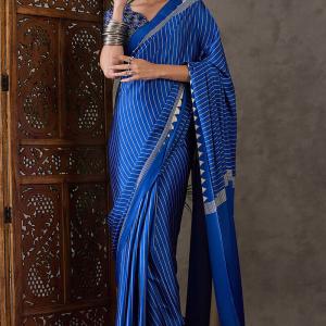 Most Flattering Blue Ajrakh Printed Semi Modal Silk Saree With Adorable Blouse Piece