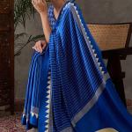 Most Flattering Blue Ajrakh Printed Semi Modal Silk Saree With Adorable Blouse Piece