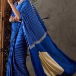 Most Flattering Blue Ajrakh Printed Semi Modal Silk Saree With Adorable Blouse Piece