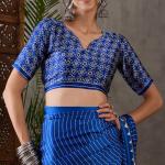 Most Flattering Blue Ajrakh Printed Semi Modal Silk Saree With Adorable Blouse Piece