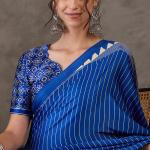 Most Flattering Blue Ajrakh Printed Semi Modal Silk Saree With Adorable Blouse Piece