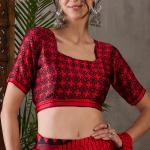Ornate Red Ajrakh Printed Semi Modal Silk Saree With Alluring Blouse Piece