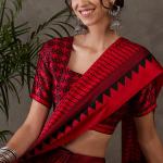 Ornate Red Ajrakh Printed Semi Modal Silk Saree With Alluring Blouse Piece
