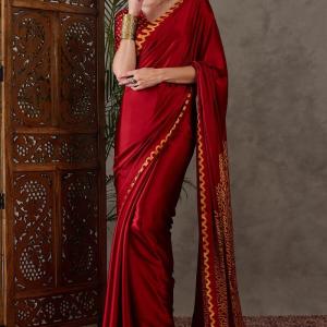 Panache Red Ajrakh Printed Semi Modal Silk Saree With Chatoyant Blouse Piece