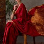 Panache Red Ajrakh Printed Semi Modal Silk Saree With Chatoyant Blouse Piece