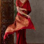 Panache Red Ajrakh Printed Semi Modal Silk Saree With Chatoyant Blouse Piece