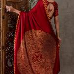 Panache Red Ajrakh Printed Semi Modal Silk Saree With Chatoyant Blouse Piece