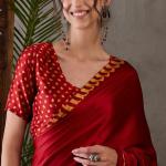 Panache Red Ajrakh Printed Semi Modal Silk Saree With Chatoyant Blouse Piece