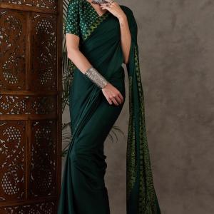 Majesty Dark Green Ajrakh Printed Semi Modal Silk Saree With Outstanding Blouse Piece