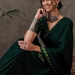 Majesty Dark Green Ajrakh Printed Semi Modal Silk Saree With Outstanding Blouse Piece