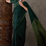 Majesty Dark Green Ajrakh Printed Semi Modal Silk Saree With Outstanding Blouse Piece