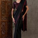Super classy Black Ajrakh Printed Semi Modal Silk Saree With Symmetrical Blouse Piece