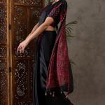 Super classy Black Ajrakh Printed Semi Modal Silk Saree With Symmetrical Blouse Piece