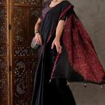 Super classy Black Ajrakh Printed Semi Modal Silk Saree With Symmetrical Blouse Piece