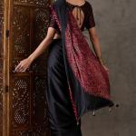 Super classy Black Ajrakh Printed Semi Modal Silk Saree With Symmetrical Blouse Piece