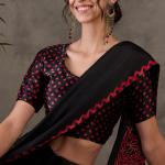 Super classy Black Ajrakh Printed Semi Modal Silk Saree With Symmetrical Blouse Piece